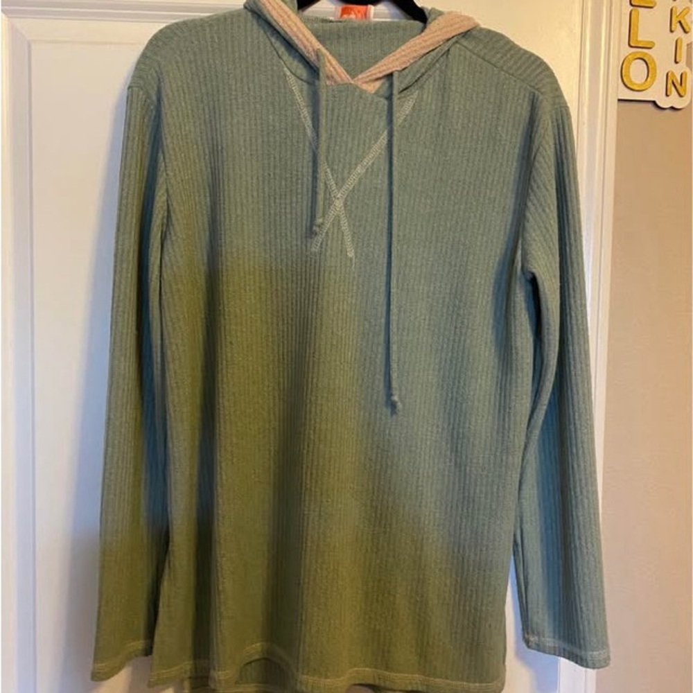 Green Ribbed Hoodie with Cream Accents